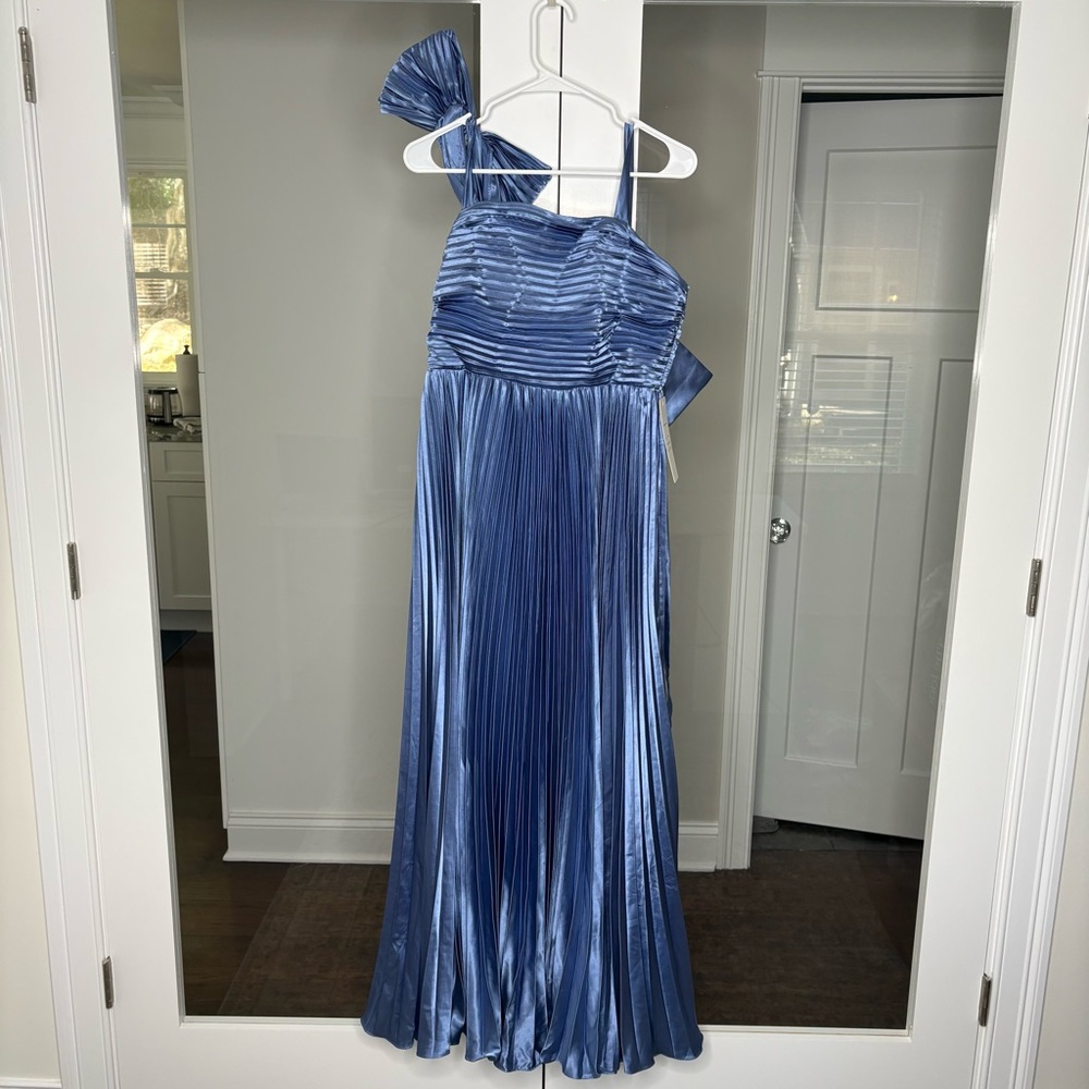 Satin Pleated Sleeveless Bow Maxi Dress Gown Wedding Bridesmaid Blue